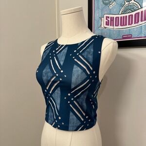 Nike Pro Dri-FIT Women Small Blue Geometric Print Crisscross Open Back Crop Top